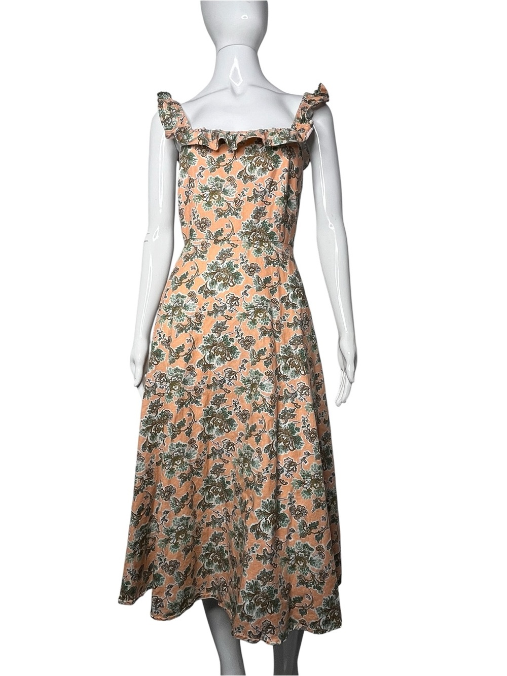 Ann Taylor Peach Floral Cotton Linen Ruffle Midi Dress Size 6
